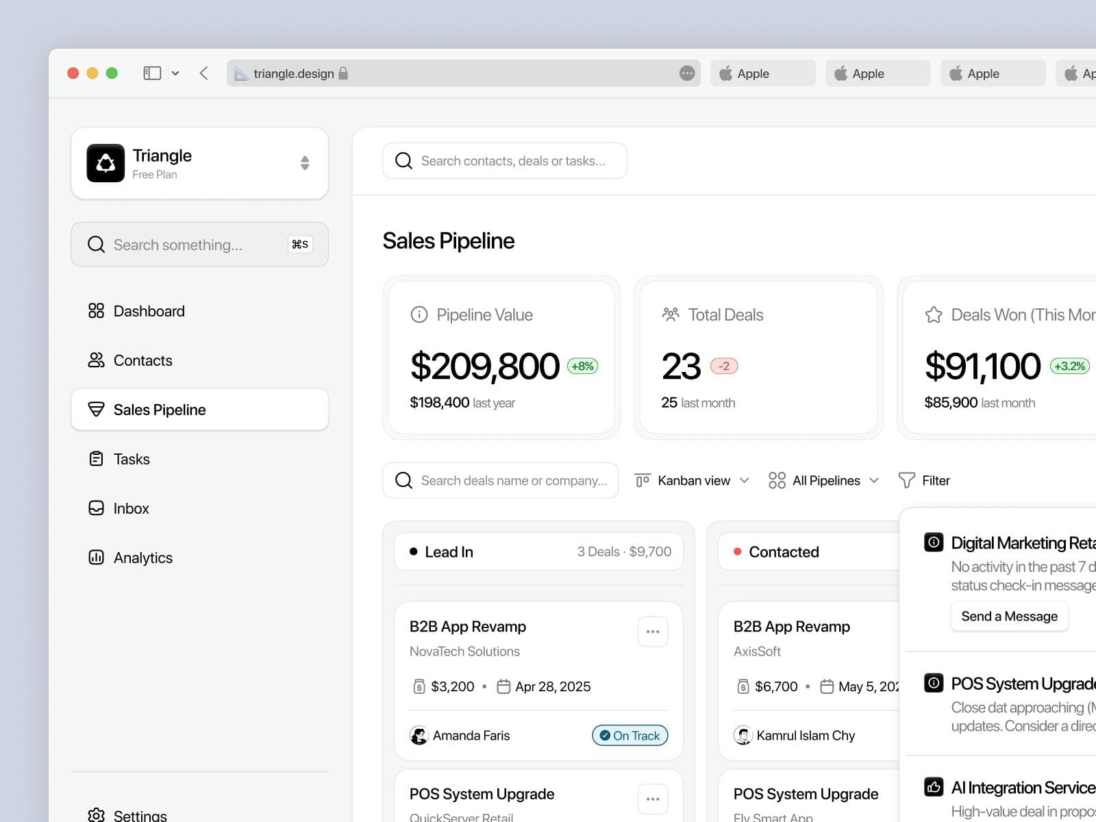 CRM sales pipeline dashboard featuring financial metrics and a Kanban board for tracking business deals.