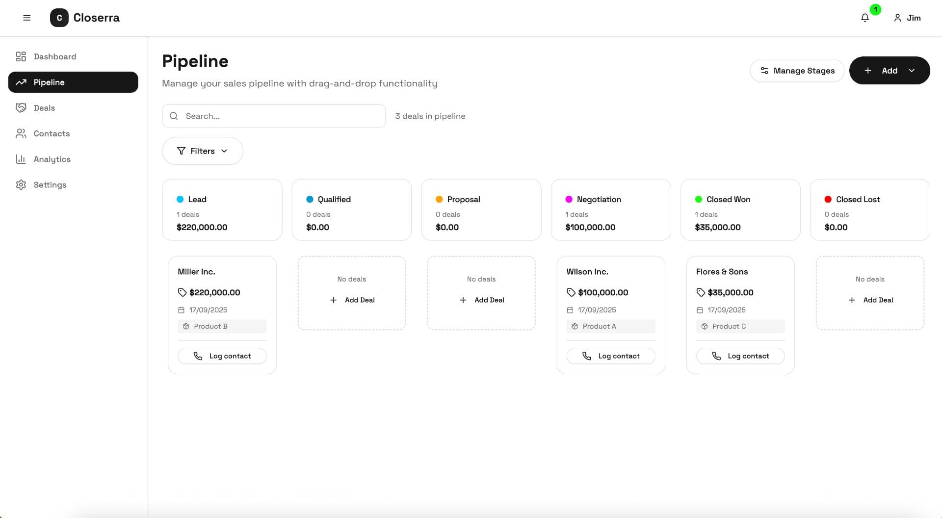 Sales pipeline dashboard showing deal stages from Lead to Closed Lost with company deal cards.